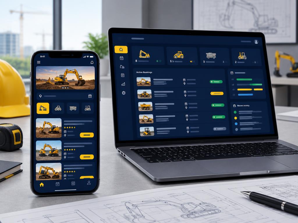 Kiku mobile app and administration dashboard showing equipment listings and bookings