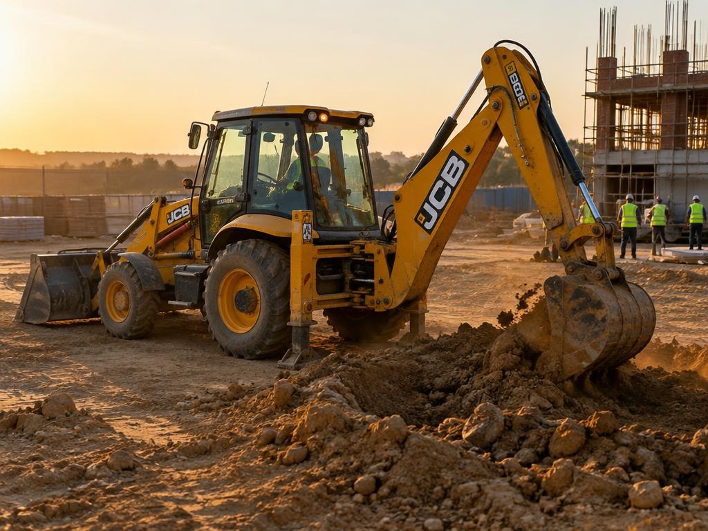 Backhoe loader digging at a construction site