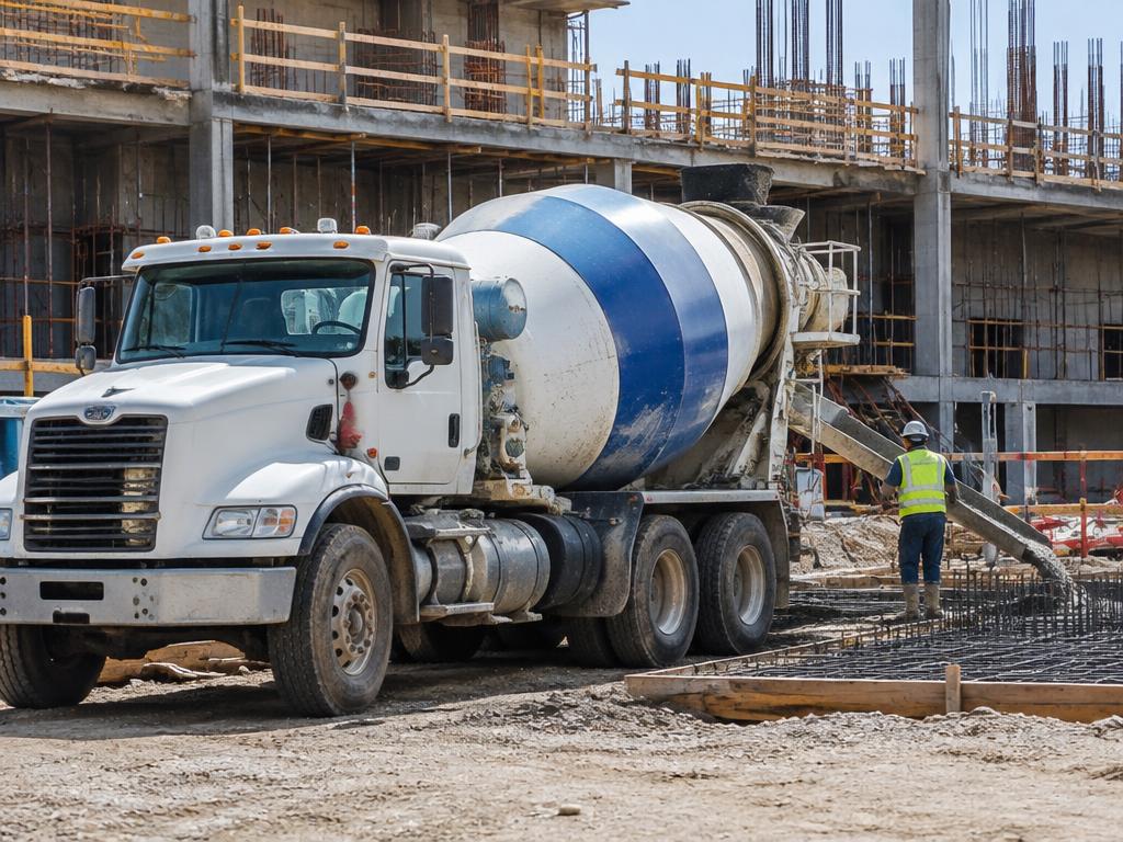 Cement mixer truck pouring concrete at a construction site