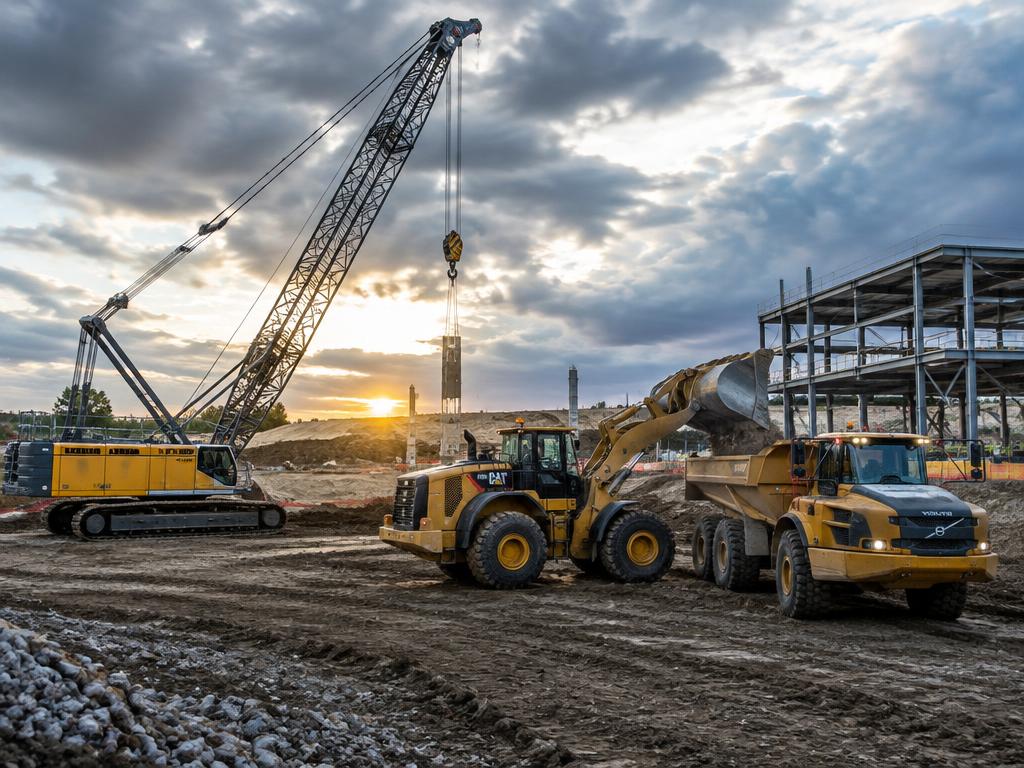 Crane, wheel loader, and dump truck working on a large construction site